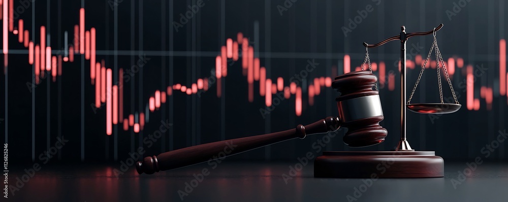 Poster conceptual image of a judge s gavel resting on a balanced scale of justice with fluctuating market t