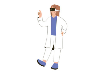 Flat vector isolated illustration of a female doctor wearing VR glasses, interacting confidently in a virtual environment. Medical technology, innovation, and healthcare, woman doctor