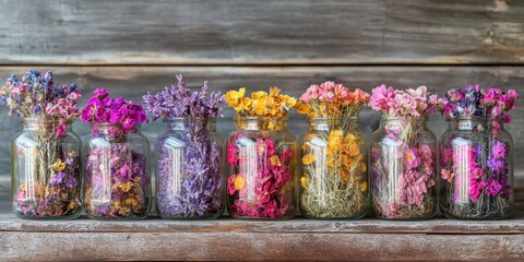 Fototapeta premium Rustic glass jars filled with vibrant dried flowers in shades of pink, purple, and yellow, arranged symmetrically on a vintage wooden table.
