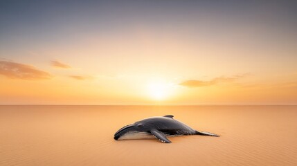 Fototapeta premium Stranded Humpback Whale on Deserted Beach at Sunset with Mustard Sand and Gentle Waves in the Background Creating a Serene Yet Tragic Scene
