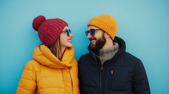 Loving couple in winter clothes on blue background
