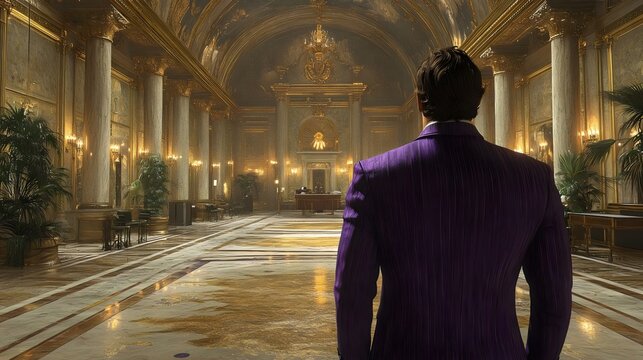 A man in a purple suit stands in a large room with a chandelier above him