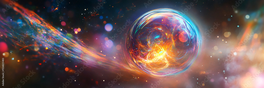 Poster abstract iridescent sphere, floating in space with rainbow-like reflections and a soft, glowing halo