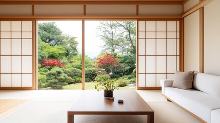 Serene Modern Living Room with Lush Garden View Through Large Windows