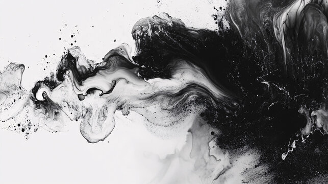 Abstract ink blot, spreading out in random patterns, creating an artistic, fluid composition in black and white. 
