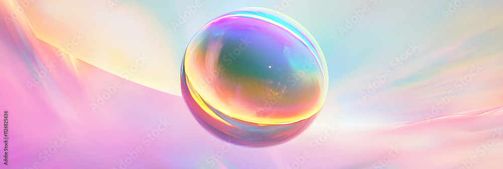Poster abstract iridescent sphere, floating in space with rainbow-like reflections and a soft, glowing halo