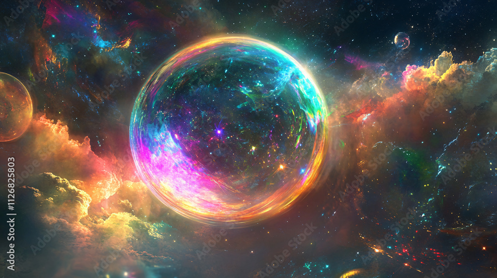 Poster abstract iridescent sphere, floating in space with rainbow-like reflections and a soft, glowing halo