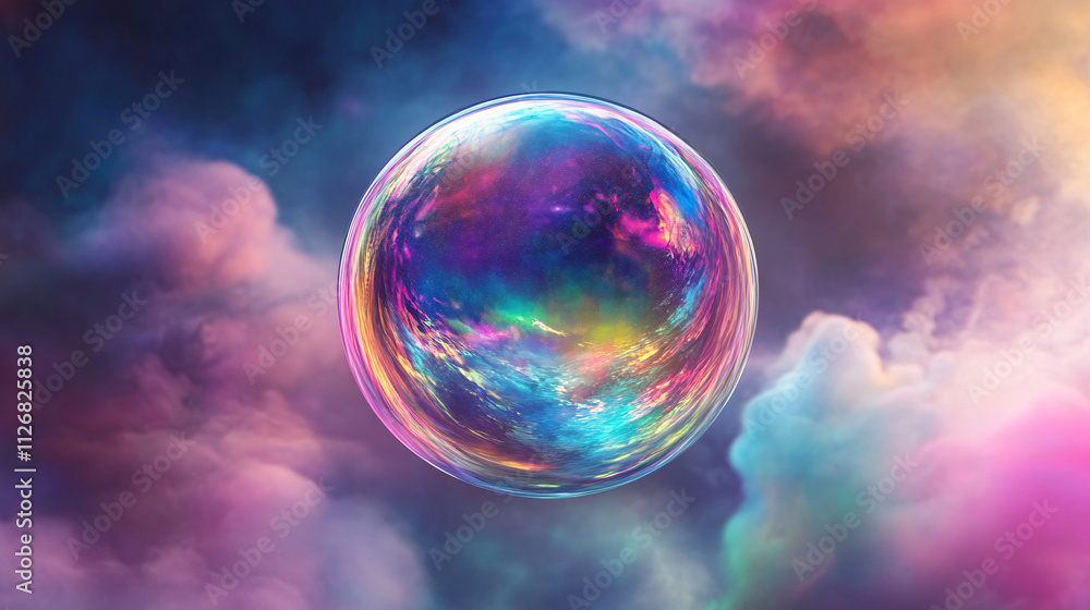 Poster abstract iridescent sphere, floating in space with rainbow-like reflections and a soft, glowing halo