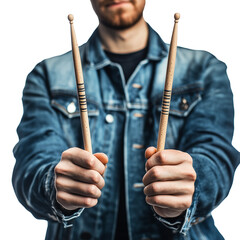 Professional drummer holding drumsticks isolated on transparent background