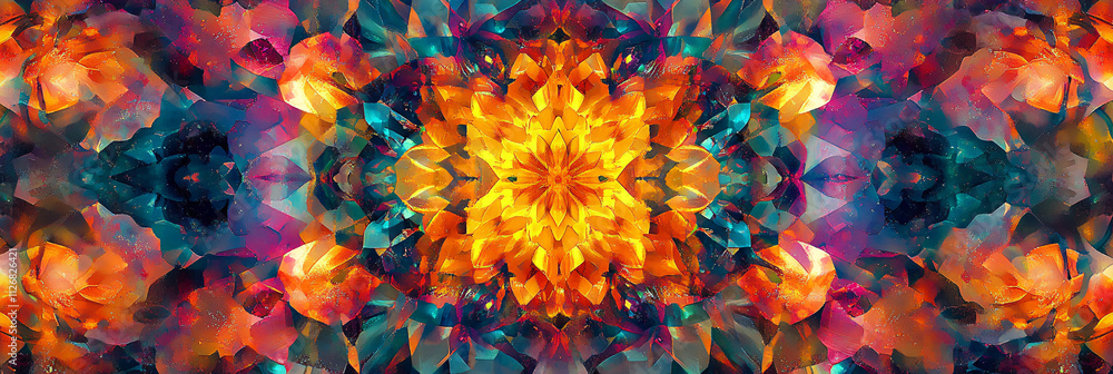 Poster abstract kaleidoscope pattern, with intricate, symmetrical designs and vibrant color palettes creati