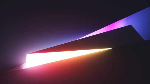 3d render. Abstract geometric neon background. Trendy wallpaper of zigzag shape glowing with multicolored gradient light. Black wall illuminated with modern led lamp
