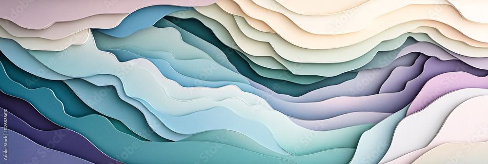 Poster abstract layered paper cut effect, with multiple levels of depth and shadow in pastel tones.