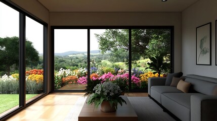 Fototapeta premium Cozy Modern Living Space with Vibrant Flower Garden Visible Through Expansive Windows
