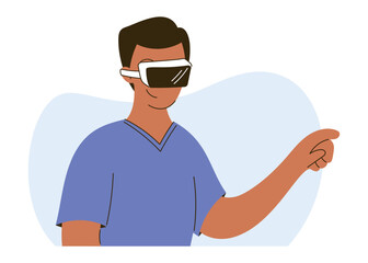 Medical Professional Using VR Headset for Training or Analysis. Vector isolated flat illustration of serious thinking male doctor.
