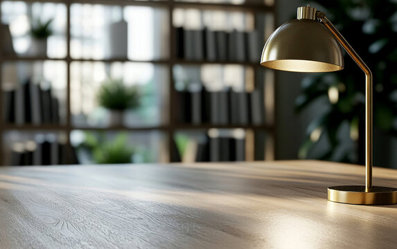Stylish desk scene with contemporary lamp and wooden surface, creating warm atmosphere
