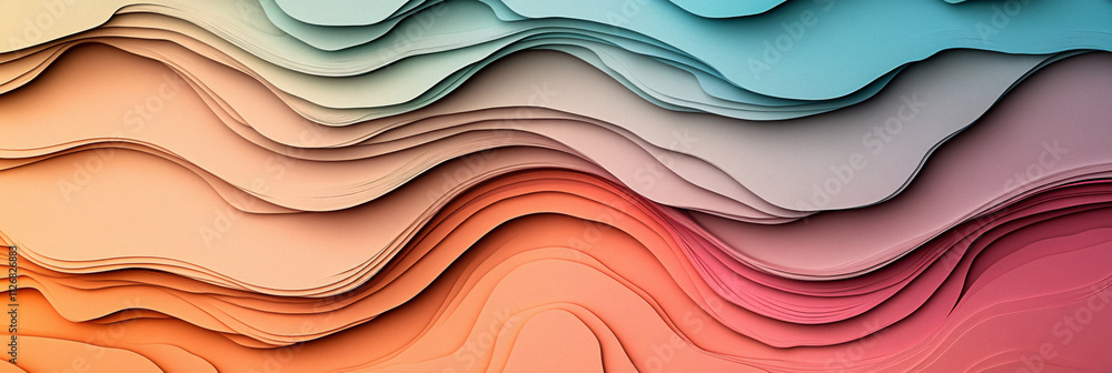 Poster abstract layered paper cut effect, with multiple levels of depth and shadow in pastel tones.