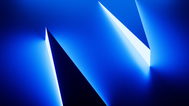 3D render. Sharp geometric shapes glowing in the dark with bright blue neon light. The vivid illumination creates a striking contrast against the black background, giving a futuristic feel.