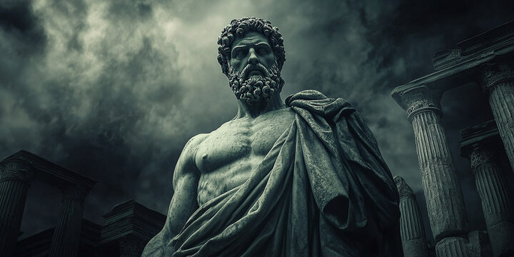 A Greek statue of a stoic thinker with a sorrowful expression, set against a dark background, reflecting classical philosophy and ancient artistry.