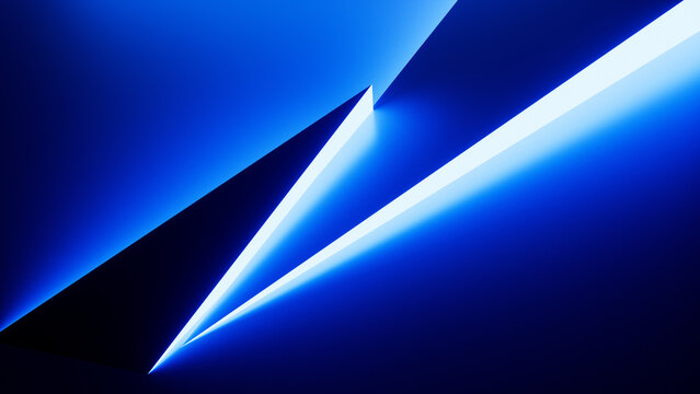 3d render. Abstract geometric wallpaper. Sharp triangular zigzag shapes illuminated by bright neon blue light in the dark. The vivid glow creates a striking contrast against the black background