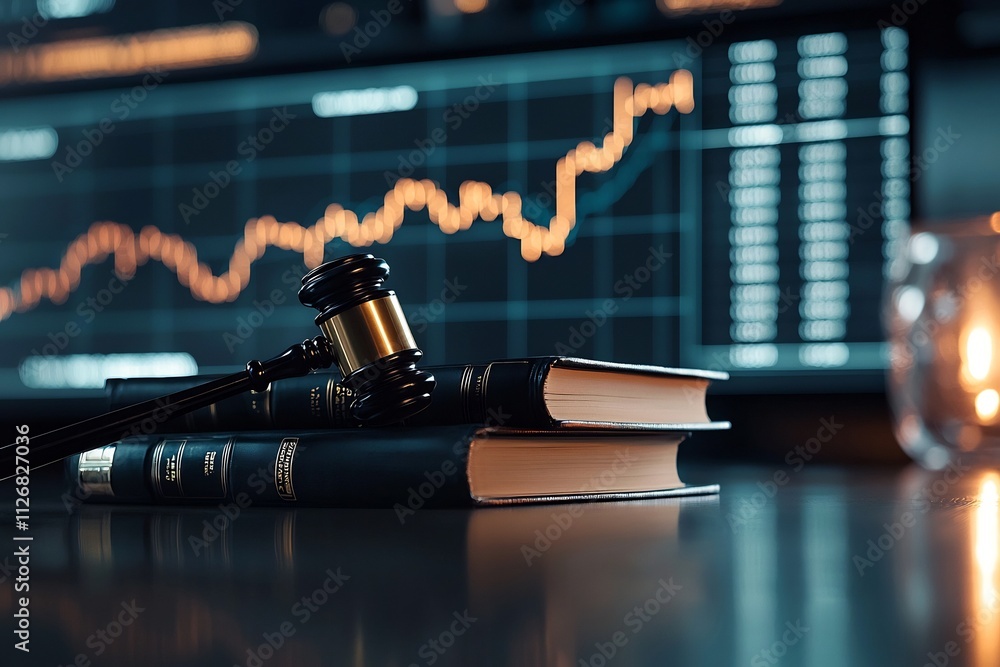 Poster a professional judge s bench with law books and a glowing chart screen displayed in a modern office 