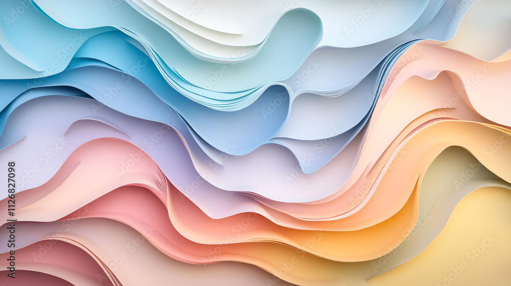 Poster abstract layered paper cut effect, with multiple levels of depth and shadow in pastel tones.