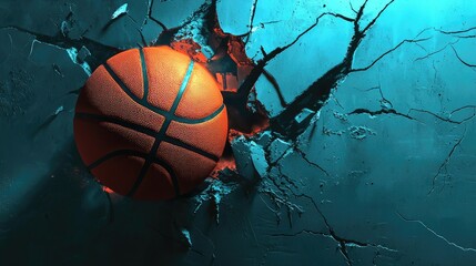 Basketball breaking through cracked wall.