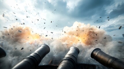 Explosive Action Scene with Cannons Firing in Dramatic Ocean Landscape Under Stormy Sky Captured from the Gun Deck of a Historical Ship