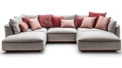 A modern sectional sofa with subtle red and blush pink pillows. 