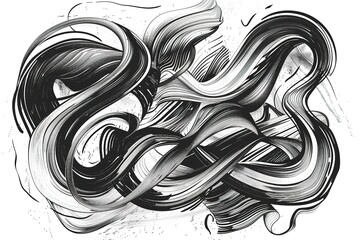 Vector Abstract black brush curl. Grunge brushstroke freehand ink decor. BlackVector and white engraved ink art. Isolated brush splash illustration element.
