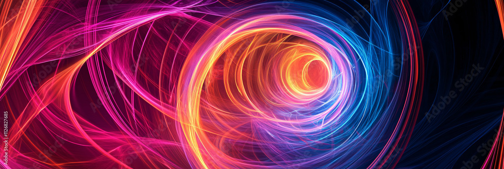 Poster abstract lines and circles converging into a vortex, with bright neon colors creating a sense of dep