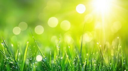 Fototapeta premium Fresh Green Grass with Dew Drops in the Morning Light, Glimmering Under the Sun, Nature Background, Soft Focus, Eco-friendly Environment, Vibrant Green Colors in Spring