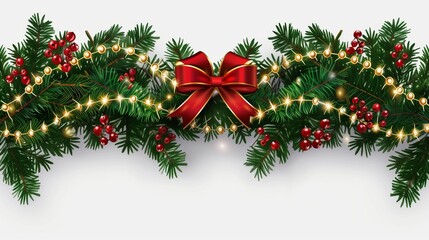 Christmas tree border with green fir branches, red bow, berries and gold lights isolated on transparent background. Pine, xmas evergreen plants frame. Vector string garland decor