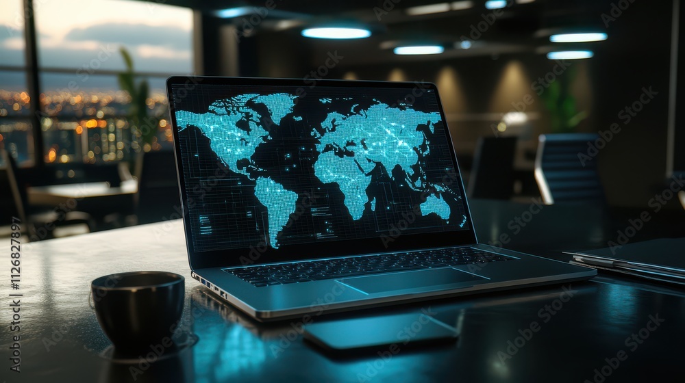Poster modern business workspace with laptop displaying world map for global connectivity and remote collab