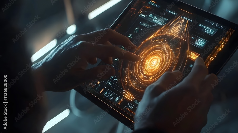 Poster a hand interacts with a futuristic tablet displaying a glowing, intricate interface.