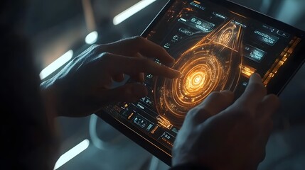 A hand interacts with a futuristic tablet displaying a glowing, intricate interface.