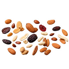 Trail Mix Explosion: A vibrant scattering of almonds, pecans, dates, and dried cranberries, capturing the essence of a healthy and delicious snack.  