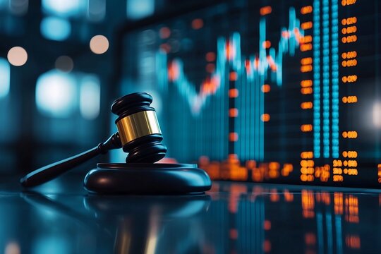 Glowing gavel on a exchange trading floor representing the powerful authority and critical decision making processes involved in financial markets investments and economic growth