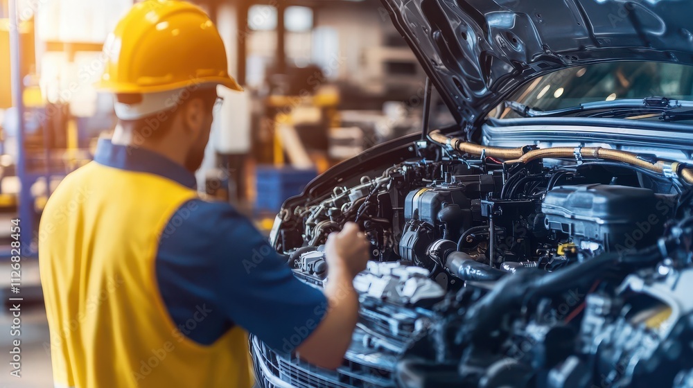 Poster automotive mechanic working on engine components in a modern workshop with tools and equipment, focu