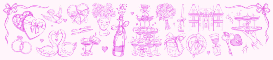Coquettish wedding doodle set, vector watercolor hand drawn romantic love illustration, champagne. Anniversary elegant ribbon bow, Valentine sweets, flowers, glasses, rings. Wedding invitation doodle