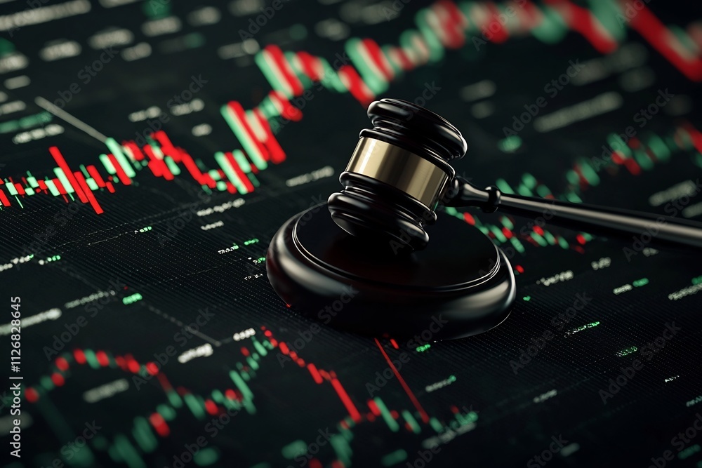 Poster dynamic image of a wooden gavel and red green market indicators on a digital display representing fi