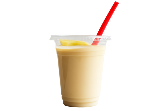 a plastic cup with a straw and a yellow liquid