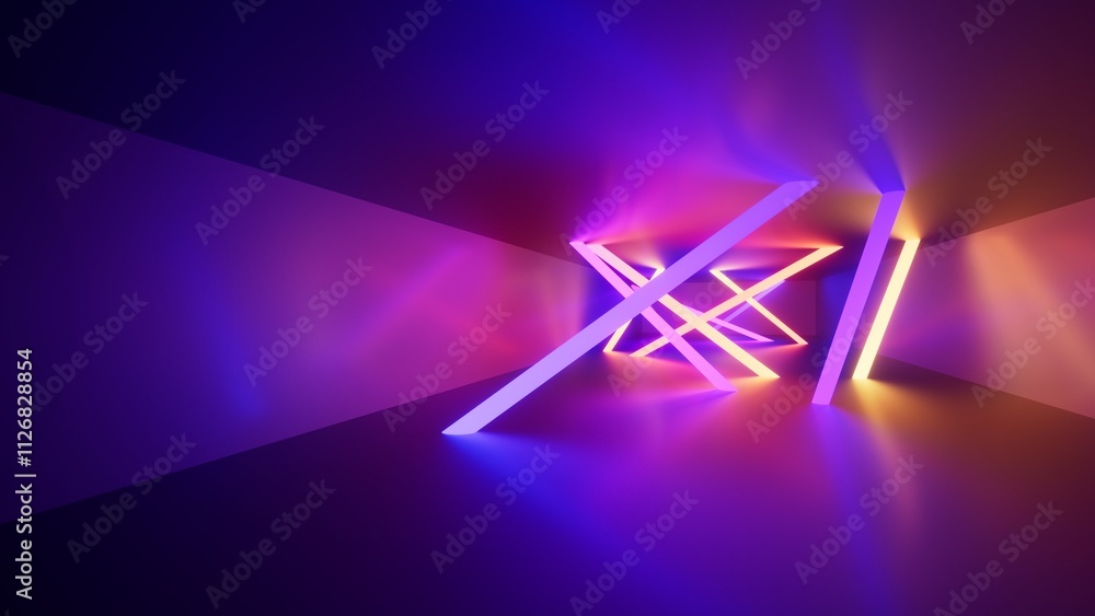 Poster 3d render of an empty tunnel with glowing neon chaotic stripes. vibrant colors. abstract geometric b