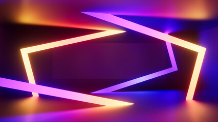 3d render of an empty room with glowing neon stripes. Vibrant colors. Abstract geometric...
