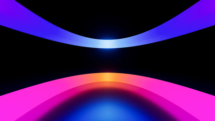 abstract background. 3d rendering of glowing neon tubes in blue, pink, and orange colors. Synthwave...