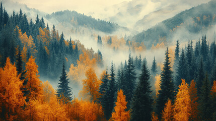 Aerial view of a dense autumn forest blanketed by fog, creating a serene and mystical atmosphere. The vibrant foliage of red, orange, and gold symbolizes transformation, renewal, and the beauty of cha