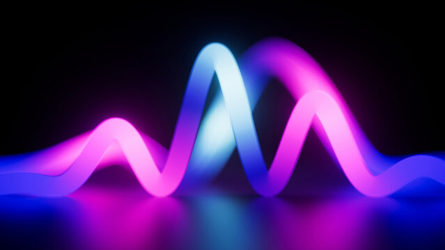3d render, ultraviolet neon lines, glowing in the dark. Synthwave style sound equalizer. Depth of field effect. Pink blue gradient
