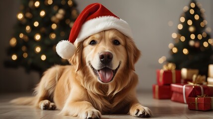 "A cute golden retriever with a Christmas cap and a happy expression."

