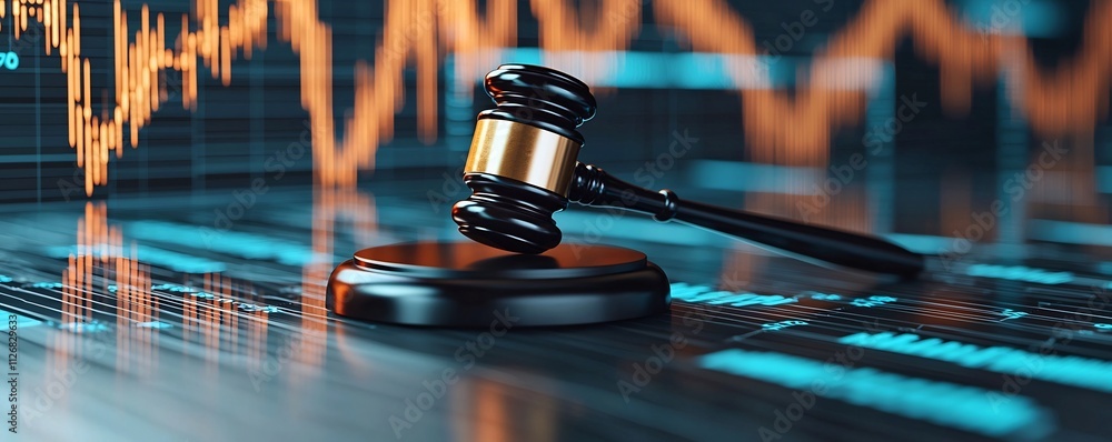 Poster digital courtroom setup with a glowing gavel and dynamic market analytics charts representing the in