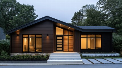 Fototapeta premium A minimalist Modern house dark brown with a large glass window the front the wooden-patterned front door and stone-textured entrance wall