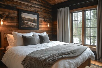 A large bed with a white comforter and gray pillows